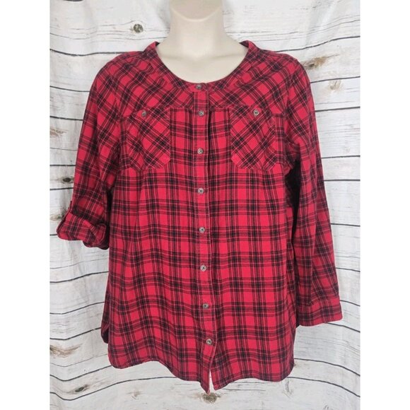 Duluth Tops - Duluth Trading Shirt Womens 2XL Red Plaid Flannel Button Up Roll Sleeves Cotton